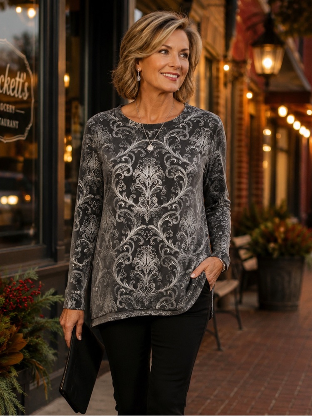 Chico's Zenergy Velour Foil Scroll Tunic Serene Gray Silver Metallic Top 0 NWT
